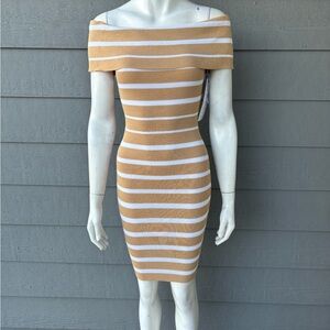 Hera Collection Tan and White Off-Shoulder Midi Dress